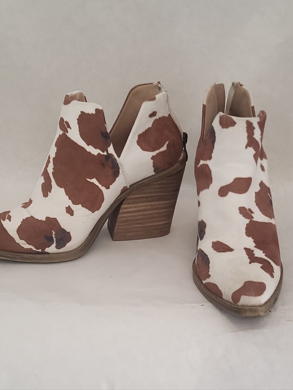 Women's Cow-Print Ankle Booties in White and Brown - Stylish Block Heel